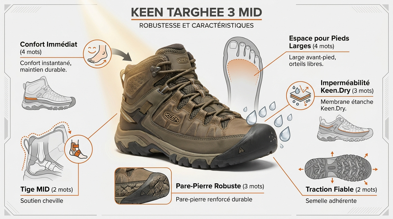 Détails techniques de la chaussure Keen Targhee 3 MID montrant le cuir nubuck et le pare-pierre