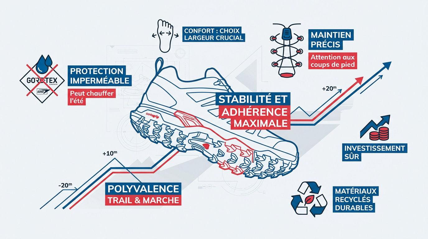 Infographie technique de la chaussure Salomon X Ultra 360 GTX présentant ses caractéristiques principales