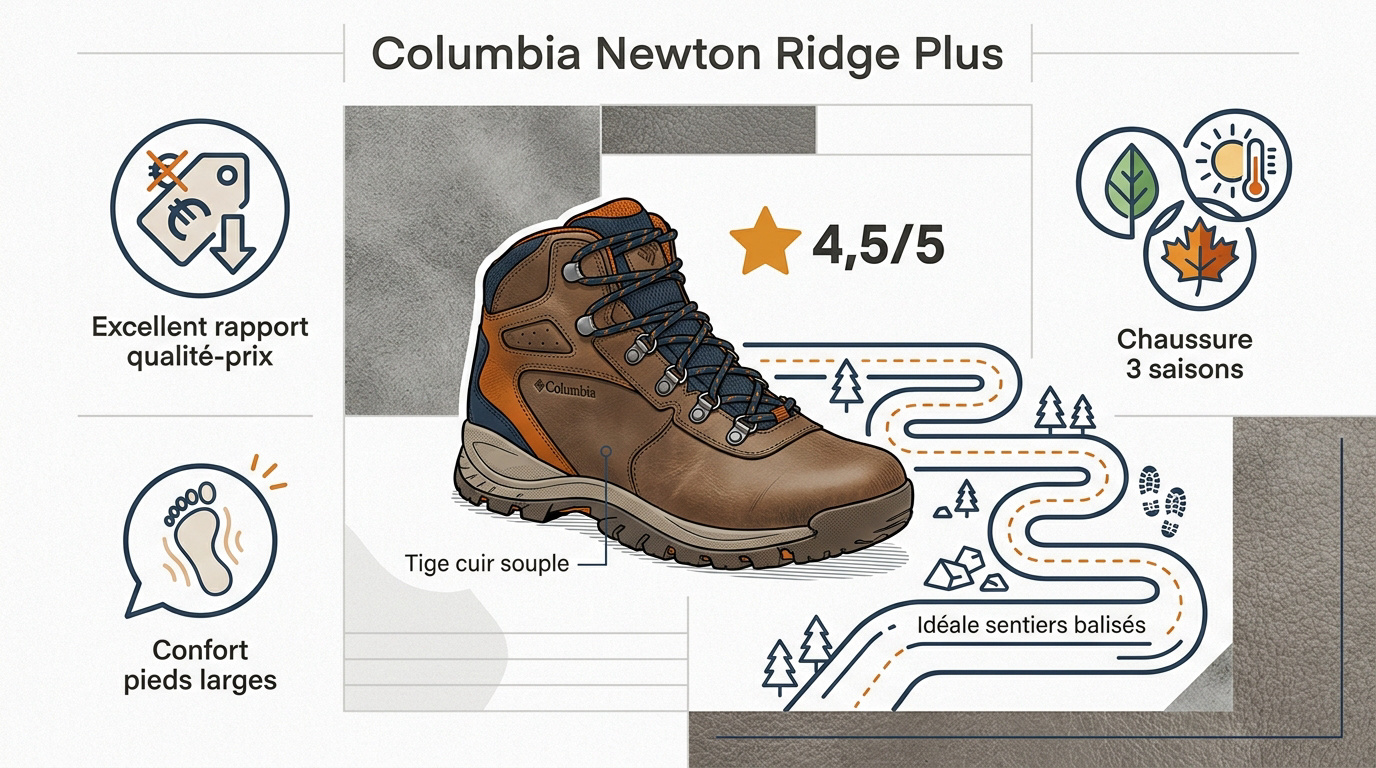 Infographie récapitulative des caractéristiques de la chaussure Columbia Newton Ridge Plus