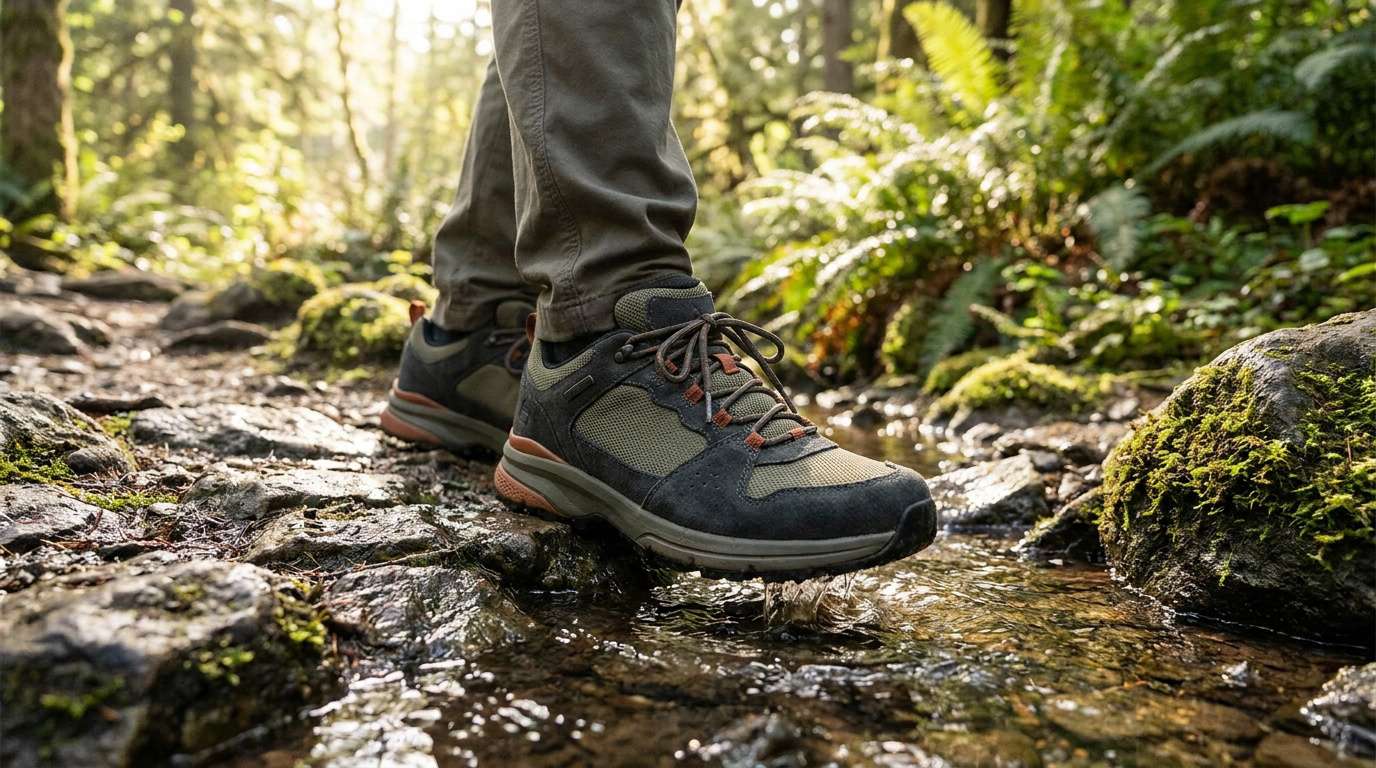 Randonneur traversant un ruisseau avec des chaussures Columbia, focus sur le confort pour pieds larges.
