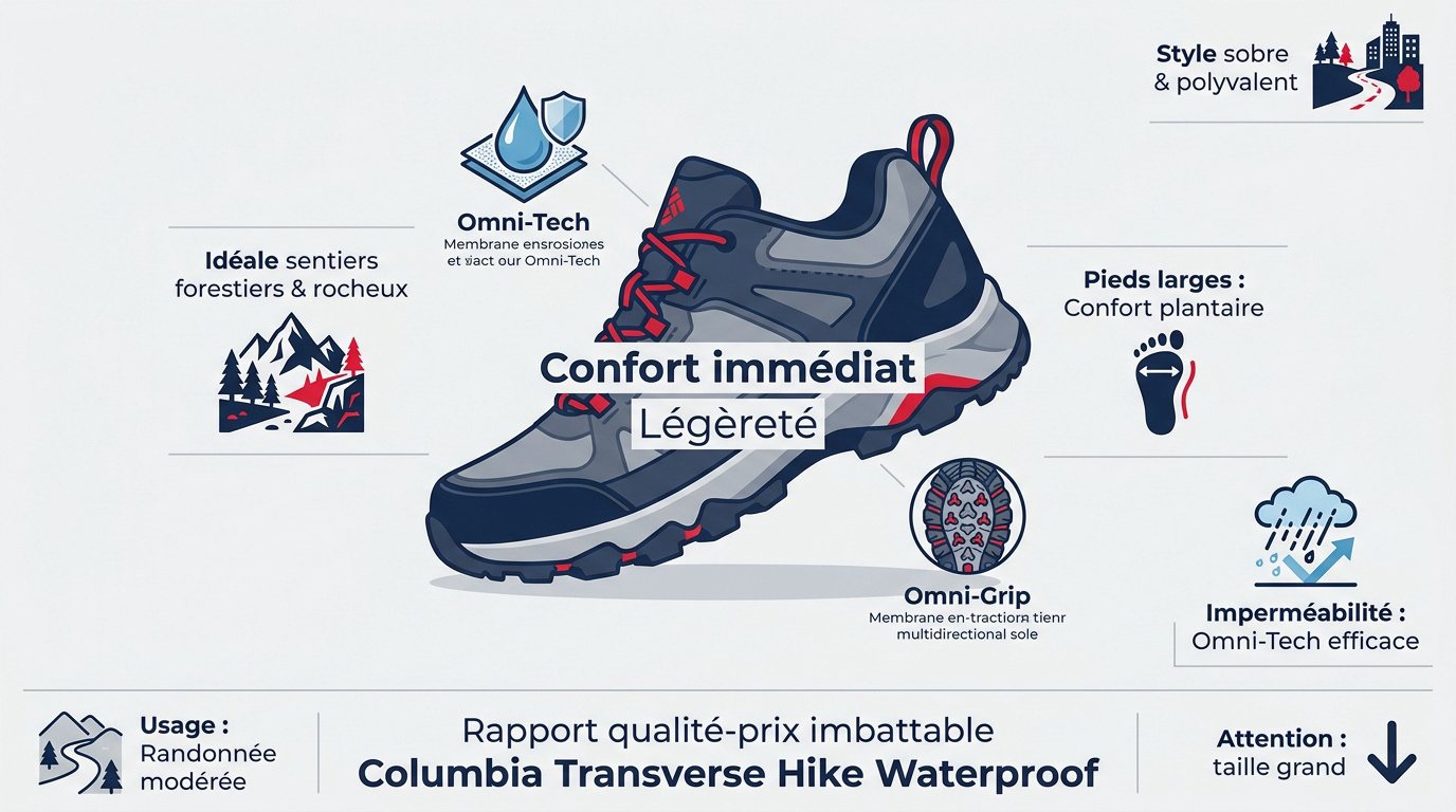 Infographie technique de la chaussure Columbia Transverse Hike Waterproof mettant en avant les technologies Omni-Tech et Omni-Grip