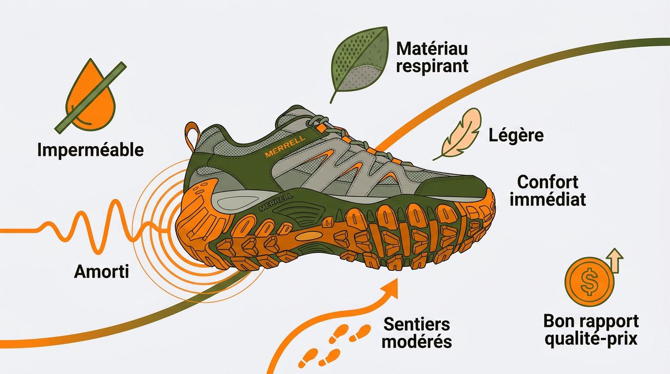 Infographie des caractéristiques techniques de la chaussure Merrell Accentor 3
