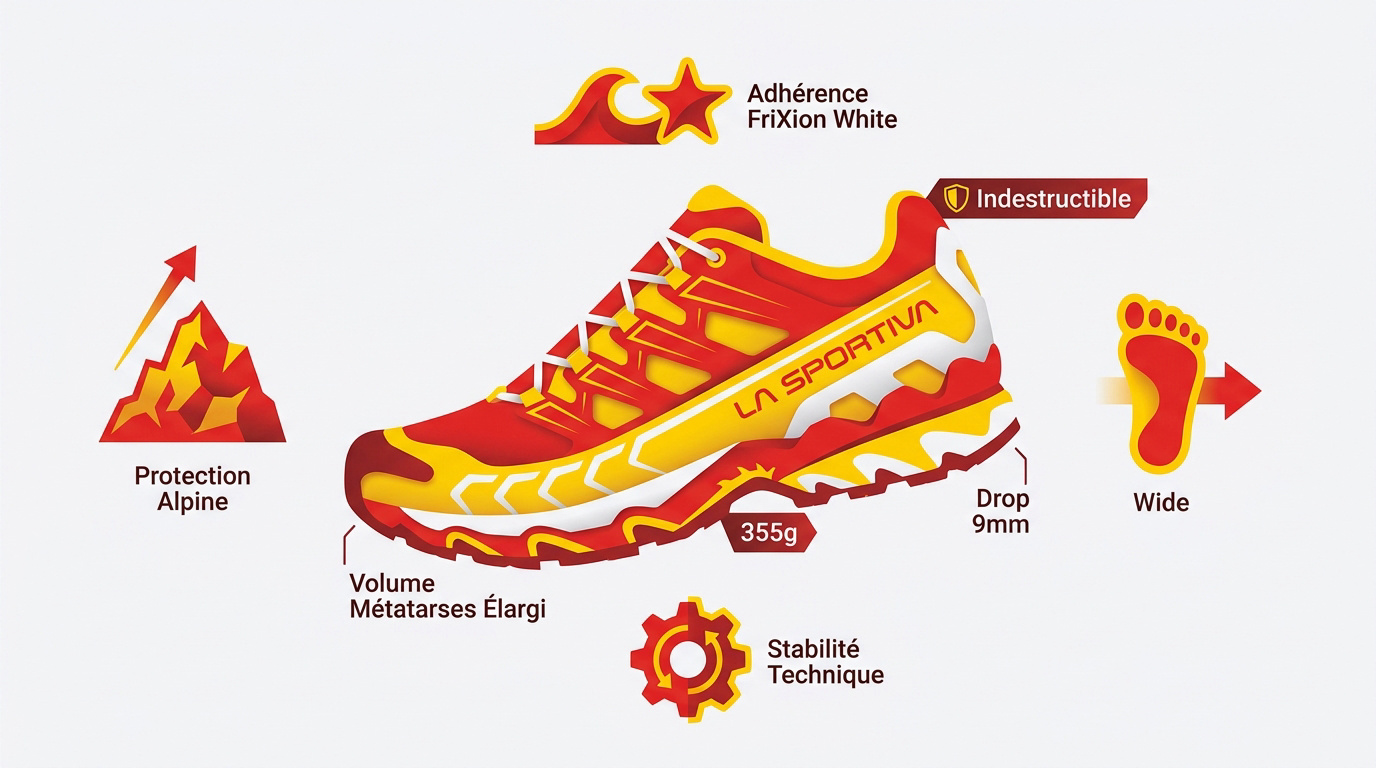 Chaussure La Sportiva Ultra Raptor II Wide en action sur terrain technique montagneux