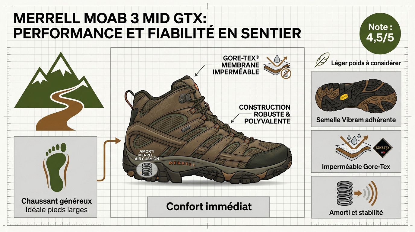 Chaussure de randonnée Merrell Moab 3 Mid GTX sur un sentier rocheux