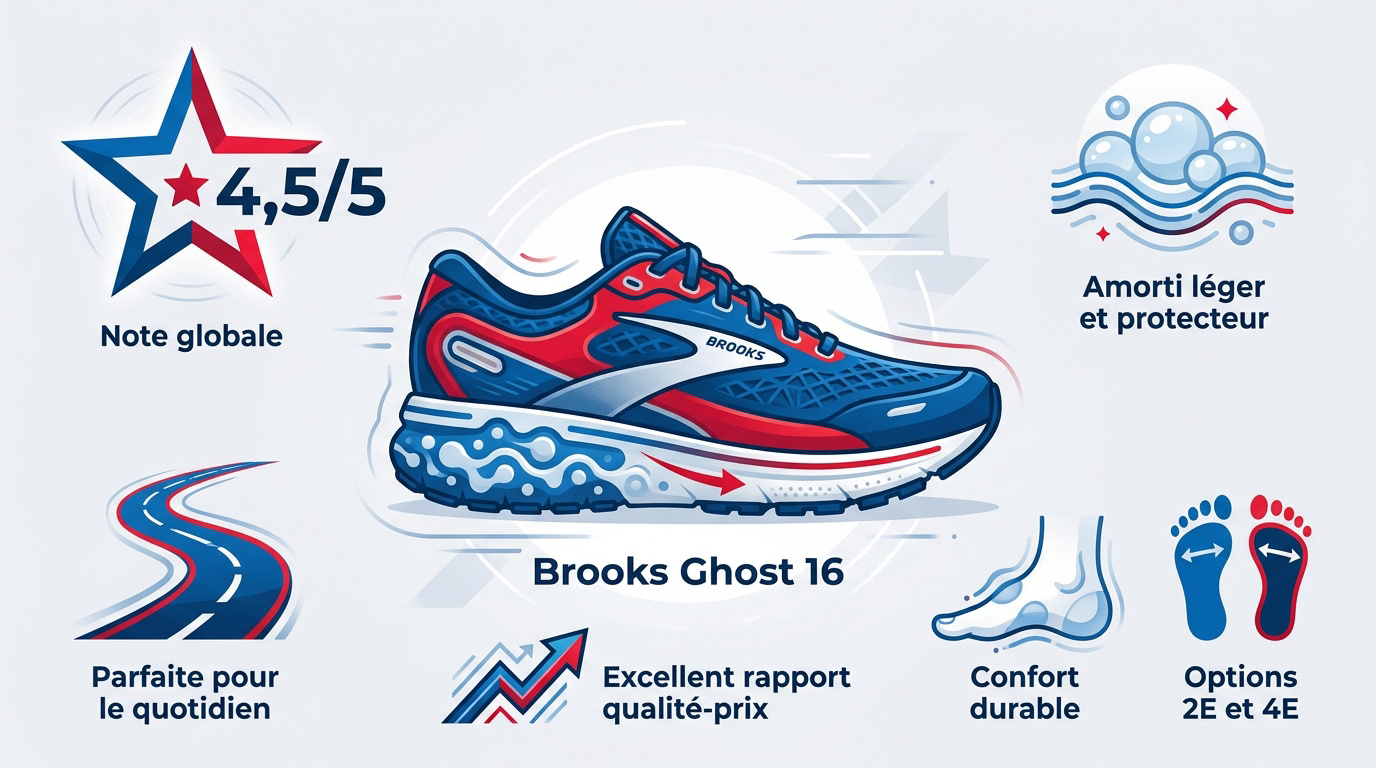 Tableau des notes et caractéristiques techniques de la Brooks Ghost 16