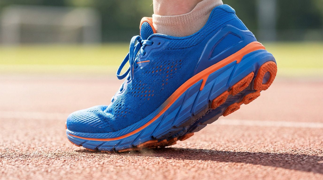Gros plan sur une chaussure de running bleue et orange Asics GT-2000 13 en plein mouvement sur une piste d'athlétisme.