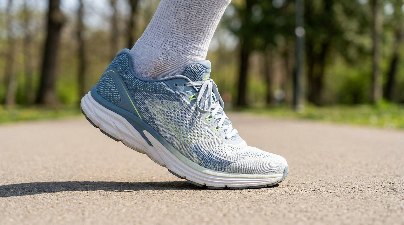 Gros plan sur une chaussure de running Brooks Ghost 16 grise portée par un coureur sur un chemin en extérieur.