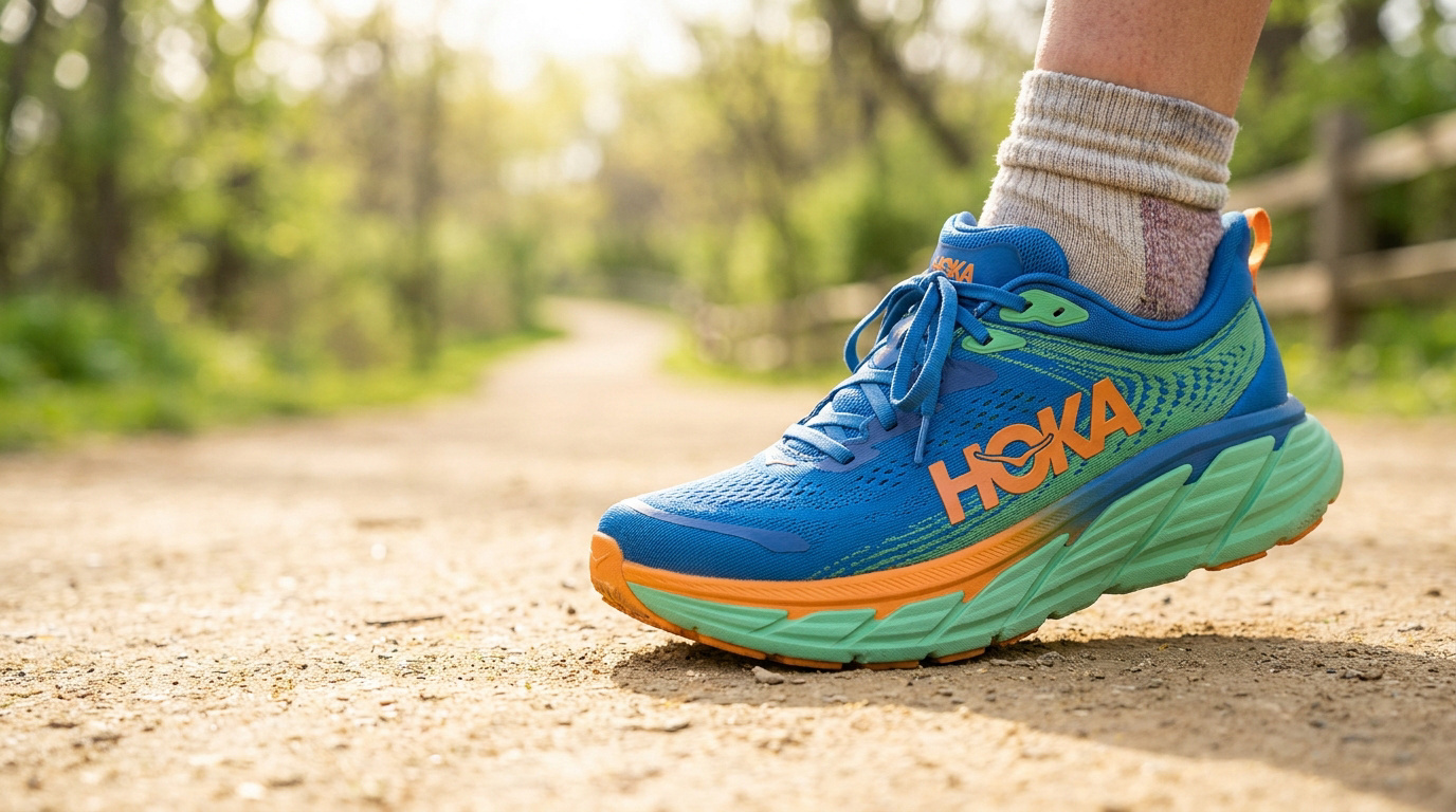 Une chaussure de running Hoka Gaviota 5 bleue et verte portée sur un sentier en terre en extérieur.