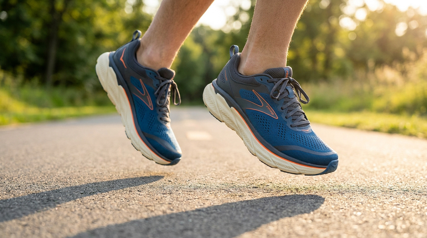 Une personne en pleine course à pied portant des chaussures Brooks bleues sur une route goudronnée en extérieur.