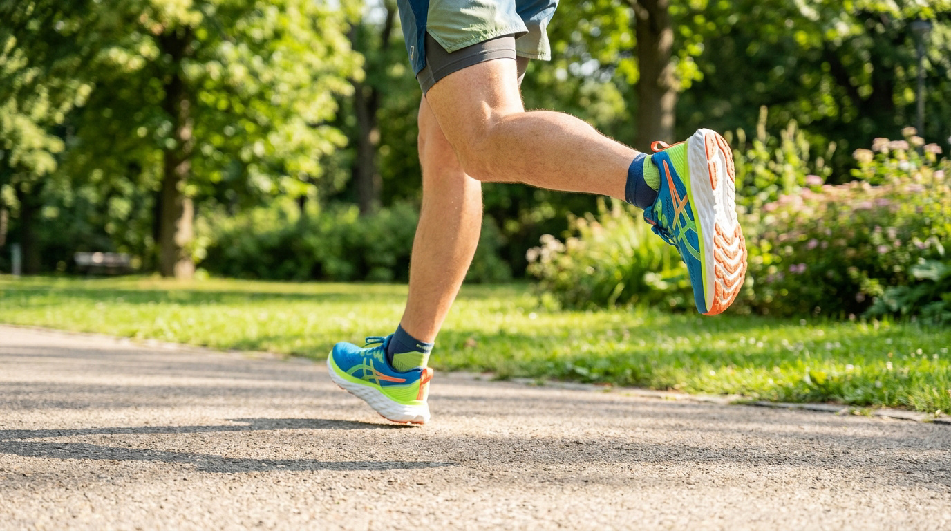 Un coureur porte des chaussures de running bleues et jaunes en pleine foulée sur un chemin de parc ensoleillé.