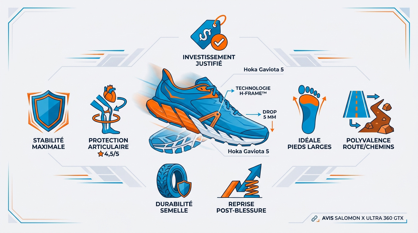 Infographie des caractéristiques techniques de la Hoka Gaviota 5 : drop, poids et technologie H-Frame