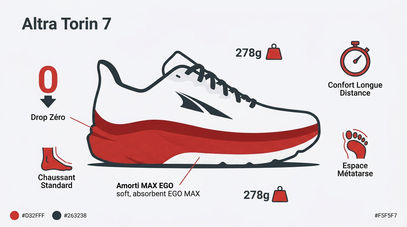 Caractéristiques techniques de la chaussure Altra Torin 7 incluant le drop zéro et la toe box large