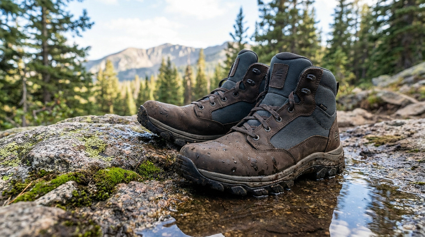 Paire de chaussures de randonnée marron LOWA Renegade posées sur un rocher humide près d'un ruisseau en montagne.