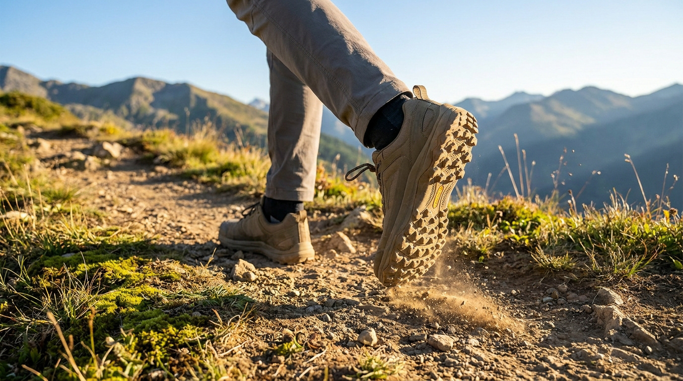 Gros plan sur une chaussure de randonnée Merrell beige en mouvement sur un sentier montagneux ensoleillé.