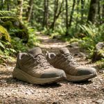 Paire de chaussures de randonnée marron Skechers posées sur un sentier forestier entouré de rochers et de fougères.