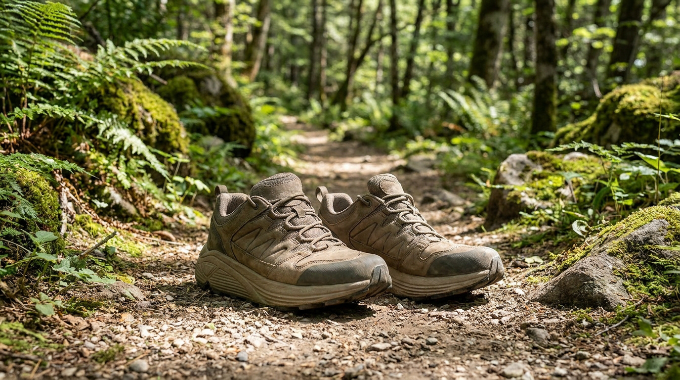 Paire de chaussures de randonnée marron Skechers posées sur un sentier forestier entouré de rochers et de fougères.
