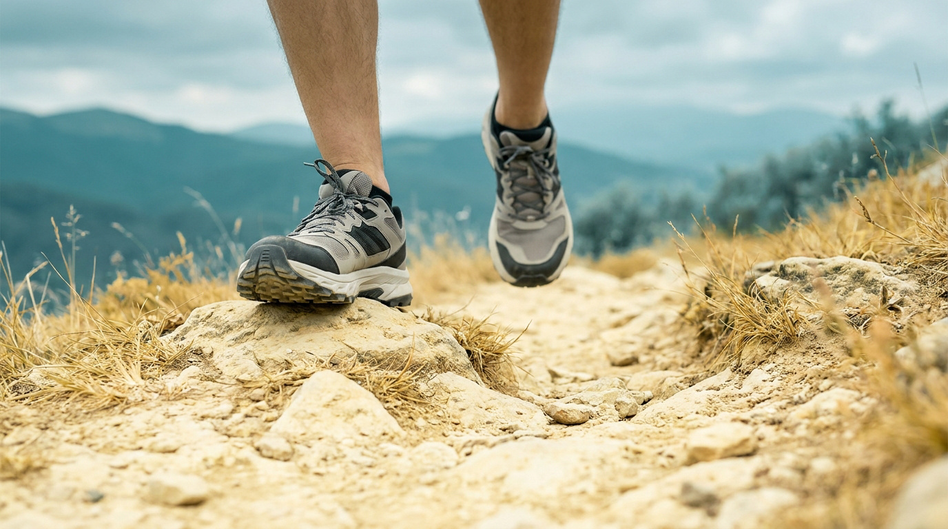 Coureur pratiquant le trail sur un sentier rocailleux en montagne avec des baskets Columbia Vertisol.