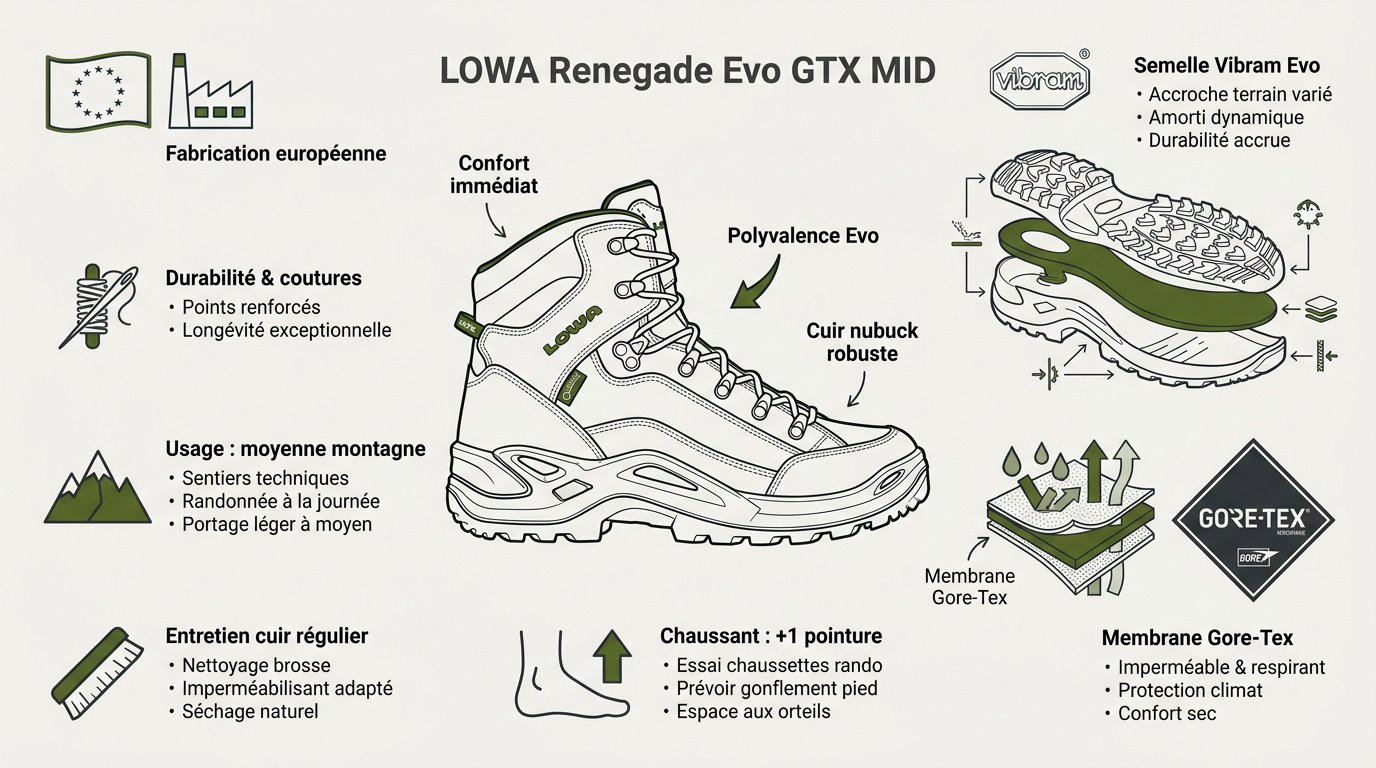 Chaussure de randonnée Lowa Renegade Evo GTX Mid en cuir nubuck avec semelle Vibram