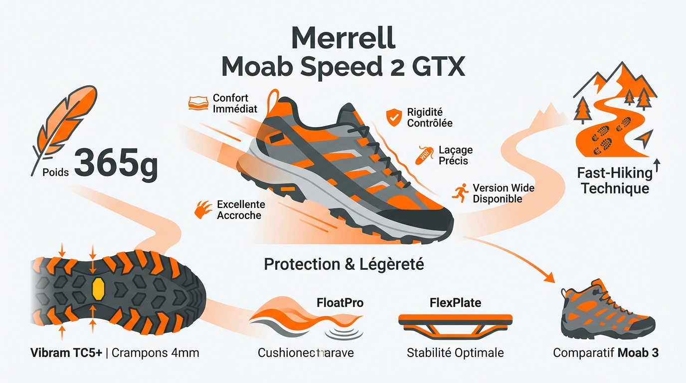 Chaussure Merrell Moab Speed 2 GTX sur un sentier de randonnée technique