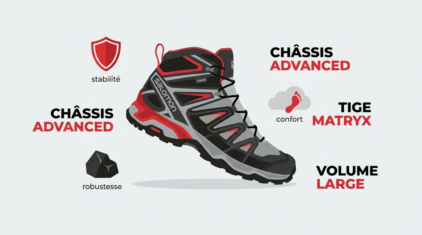 Caractéristiques techniques de la chaussure Salomon X Ultra 5 Mid Wide pour la randonnée