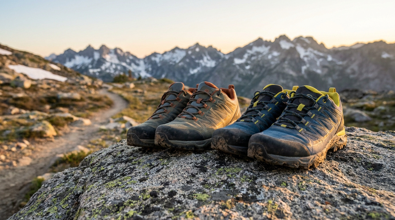 Deux paires de chaussures de randonnée posées sur un rocher devant un paysage de montagnes enneigées au coucher du soleil.