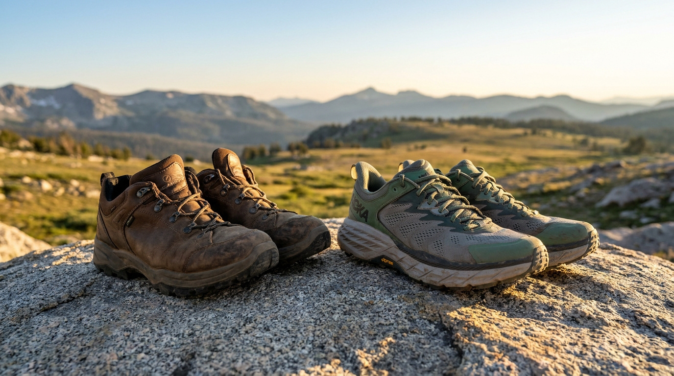 Une paire de chaussures de randonnée en cuir Meindl et une paire de chaussures de trail Hoka sur un rocher en montagne.