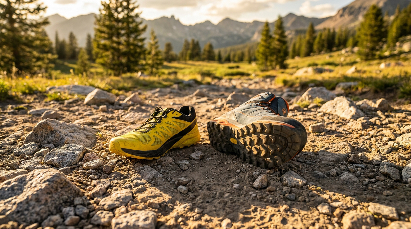 Une chaussure de trail jaune et une chaussure de randonnée bleue posées sur un sentier montagneux au soleil couchant.