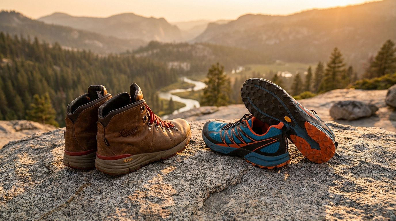Une paire de bottes de randonnée en cuir et une paire de chaussures de trail sur un rocher face à une vallée au coucher.