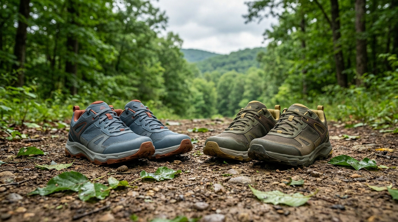 Deux paires de chaussures de randonnée Salomon posées sur un sentier en forêt.