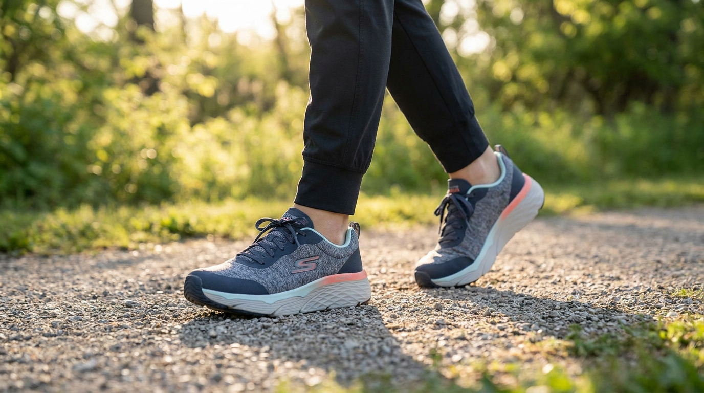 Une personne marchant sur un sentier en portant des chaussures de sport Skechers Max Cushioning grises et bleues.