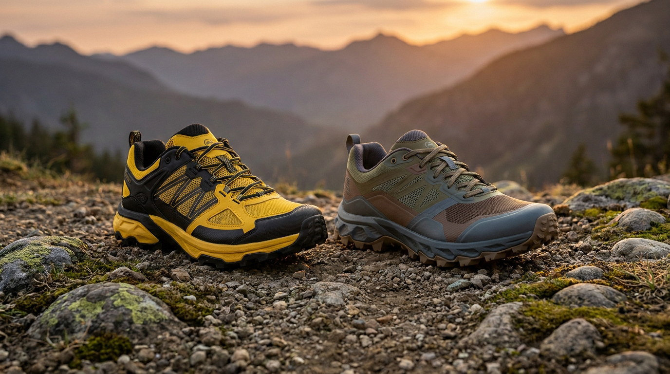 Deux chaussures de trail côte à côte sur un sentier montagneux au coucher du soleil.