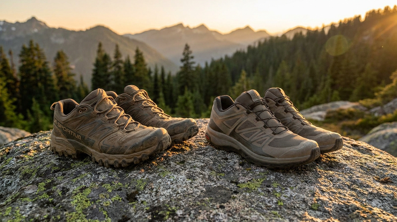 Chaussures La Sportiva Ultra Raptor II et Salomon X Ultra 5 posées sur un rocher face aux montagnes au coucher du soleil.