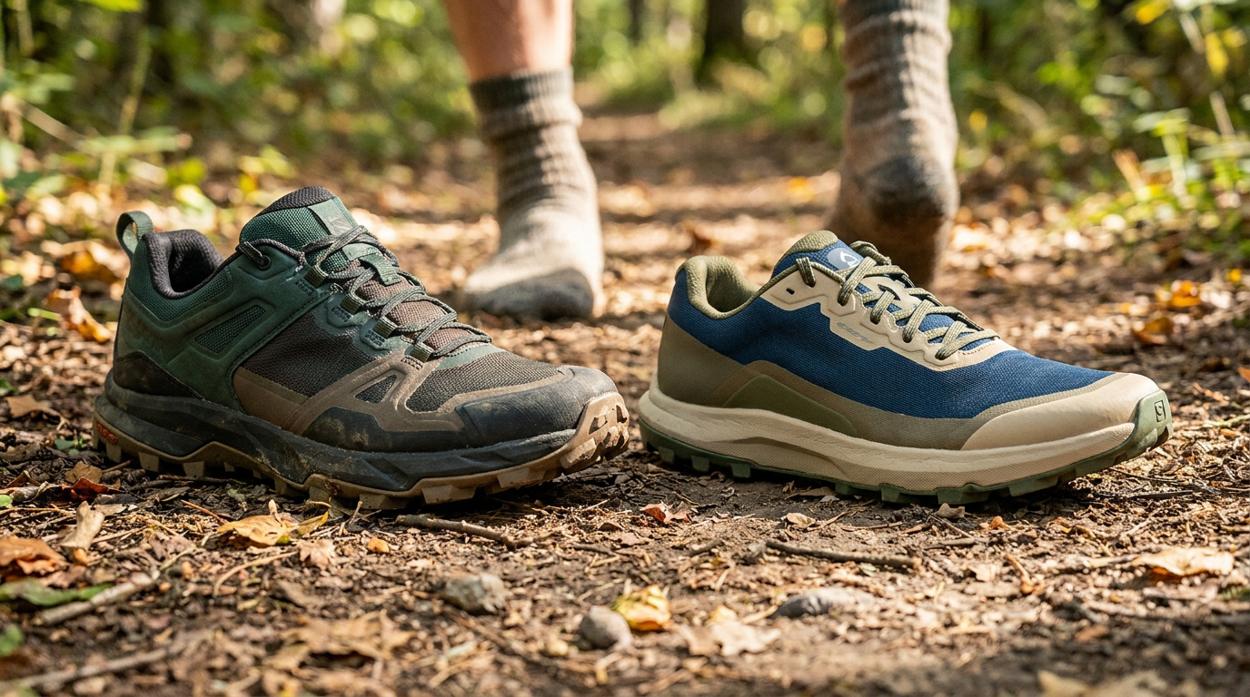 Deux chaussures de randonnée Merrell posées sur un sentier forestier, avec une personne en chaussettes en arrière-plan.