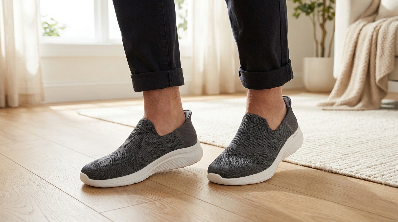 Une personne portant des chaussures Skechers Slip-ins grises sur un sol en bois clair.