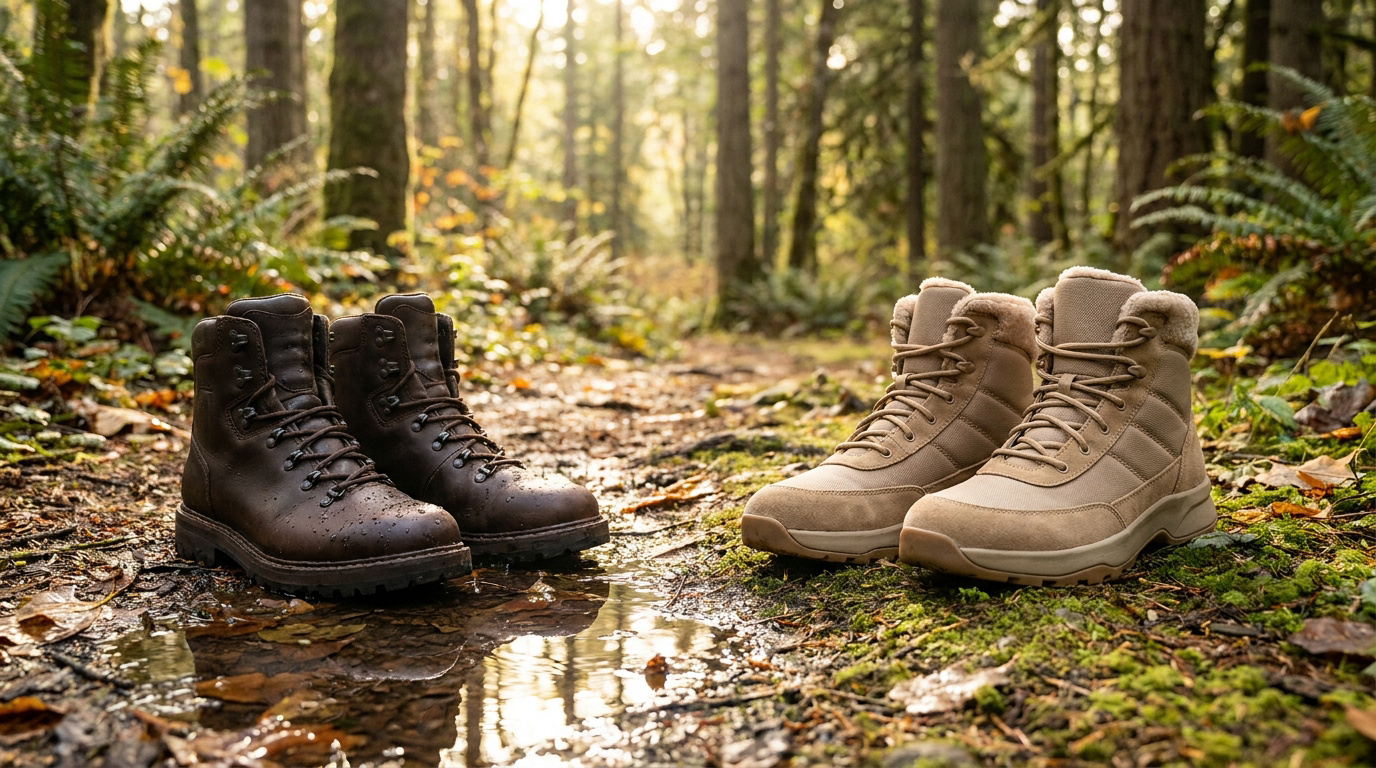 Deux paires de chaussures de randonnée Merrell posées sur un sentier forestier humide.