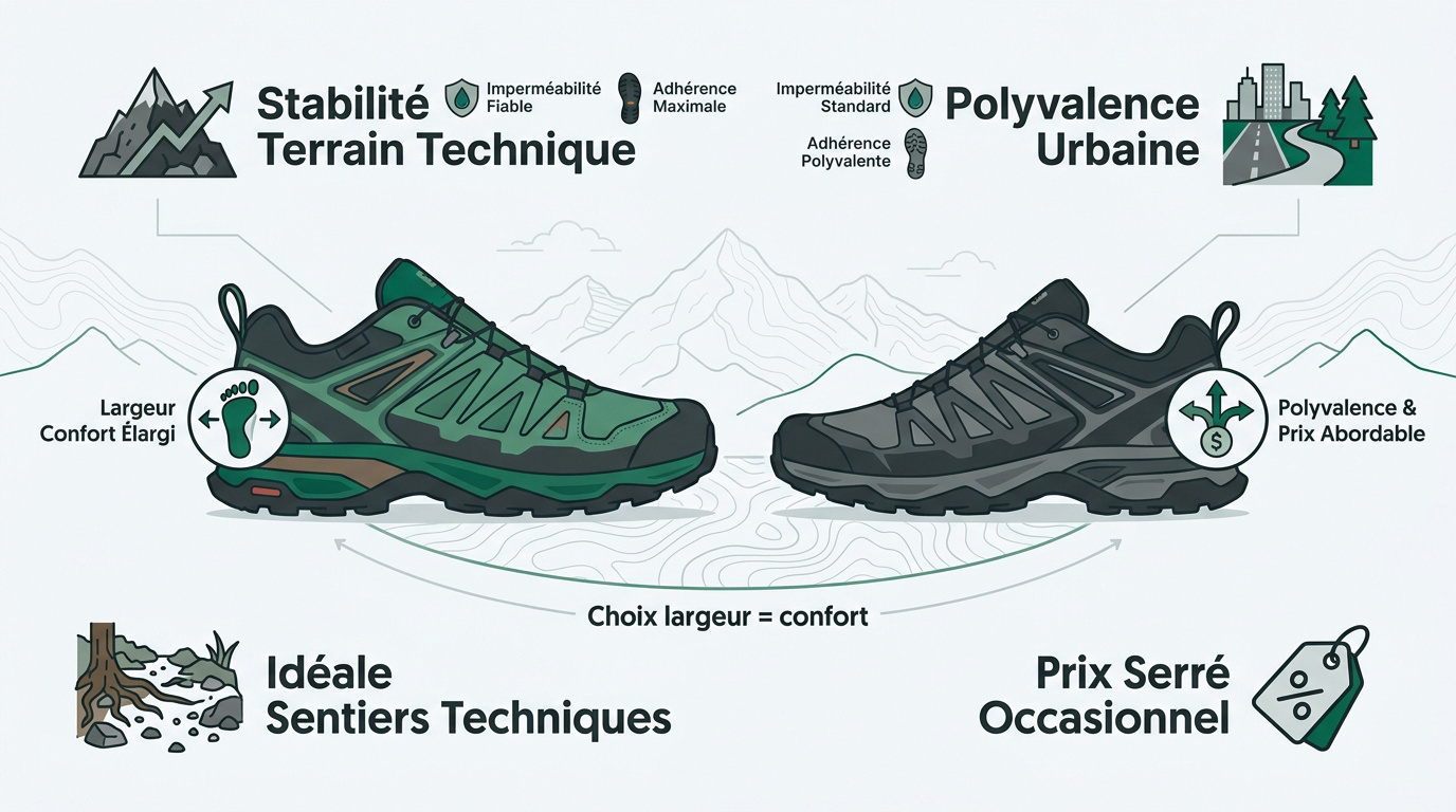 Tableau comparatif Salomon X Ultra 360 et 5 pour pieds larges