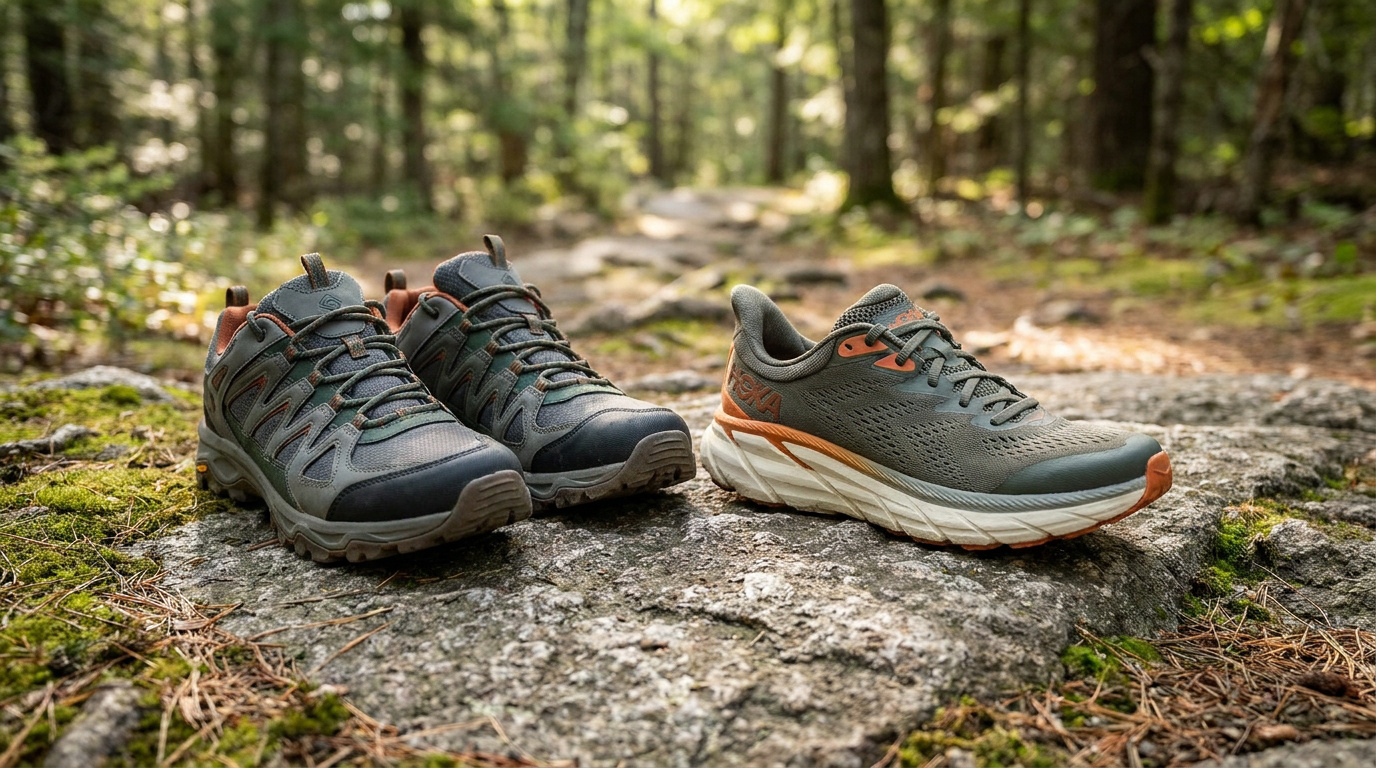 Deux paires de chaussures de randonnée posées sur un rocher en pleine forêt.