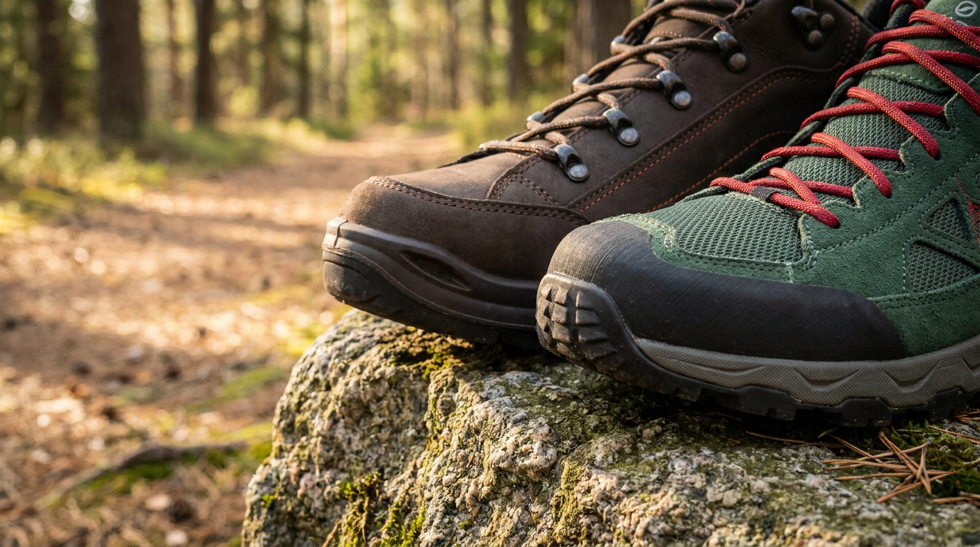 Deux chaussures de randonnée posées sur un rocher en forêt, l'une brune en cuir et l'autre verte avec des lacets rouges.