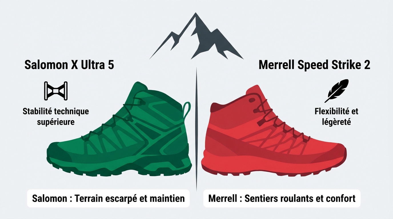 Comparatif visuel entre la chaussure technique Salomon X Ultra 5 et la Merrell Speed Strike 2 pour pieds larges