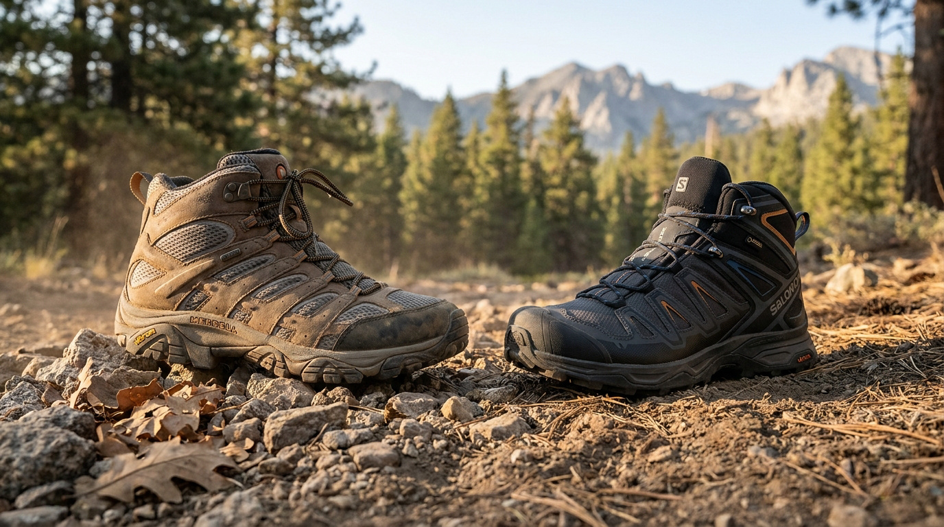 Bottes de randonnée Merrell Moab 3 et Salomon X Ultra 5 posées sur un sentier en montagne au soleil.