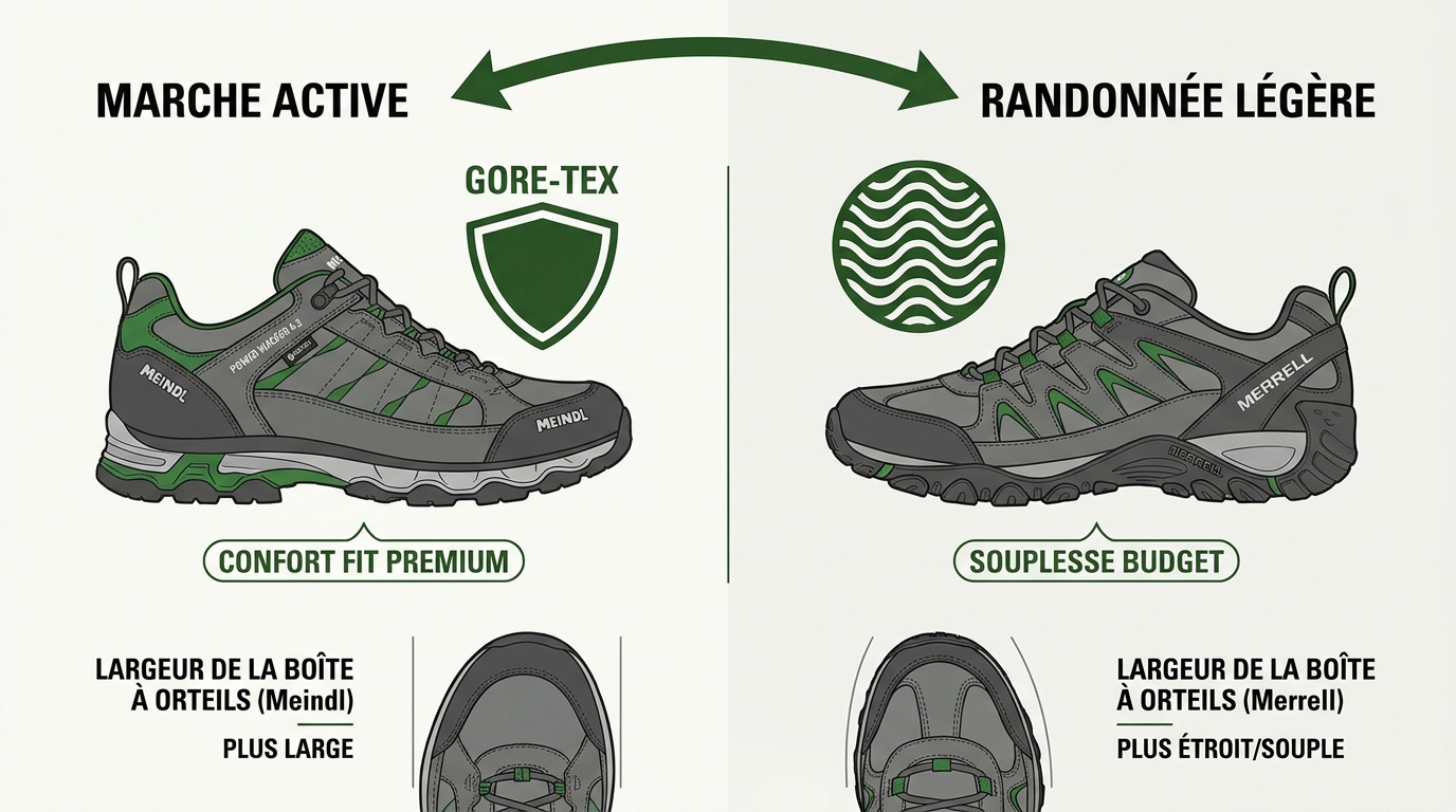 Comparatif chaussures Meindl vs Merrell pour pieds larges