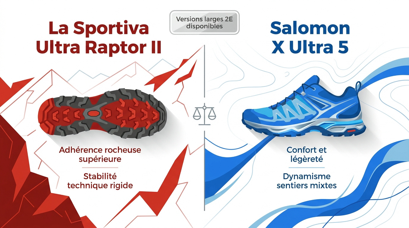 Comparatif entre la chaussure La Sportiva Ultra Raptor II et la Salomon X Ultra 5 pour pieds larges