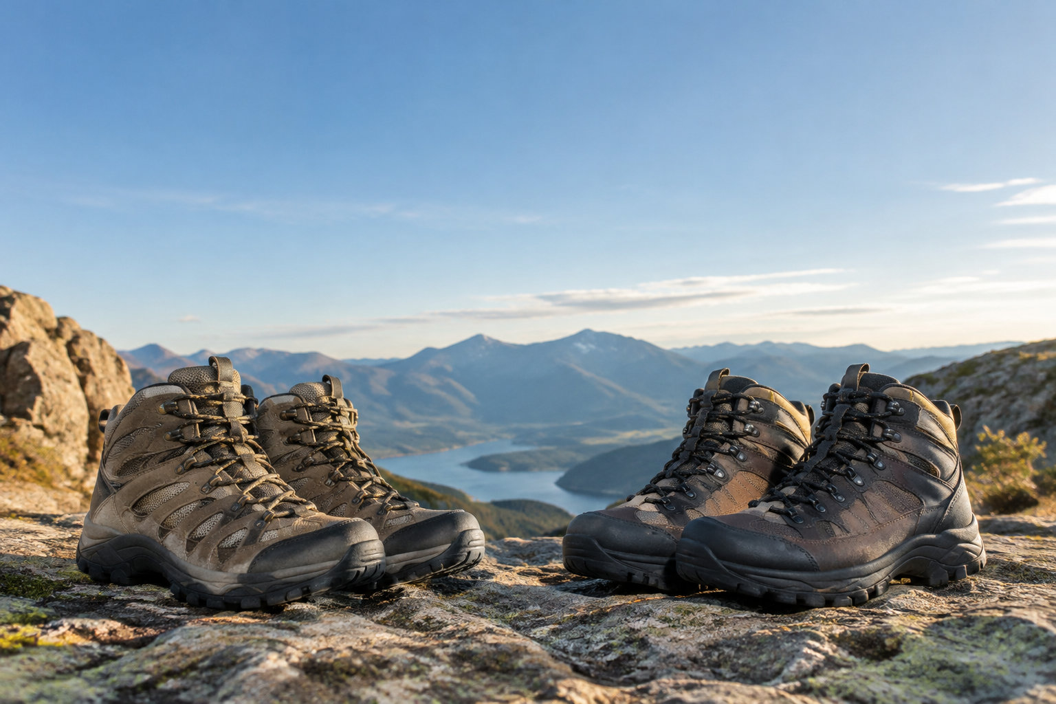 Deux paires de chaussures de randonnée posées sur un rocher face à un lac de montagne et un paysage panoramique.