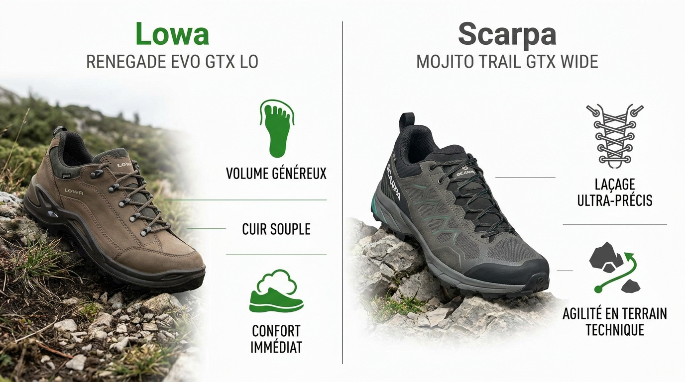 Comparaison visuelle entre la chaussure Lowa Renegade et la Scarpa Mojito pour pieds larges
