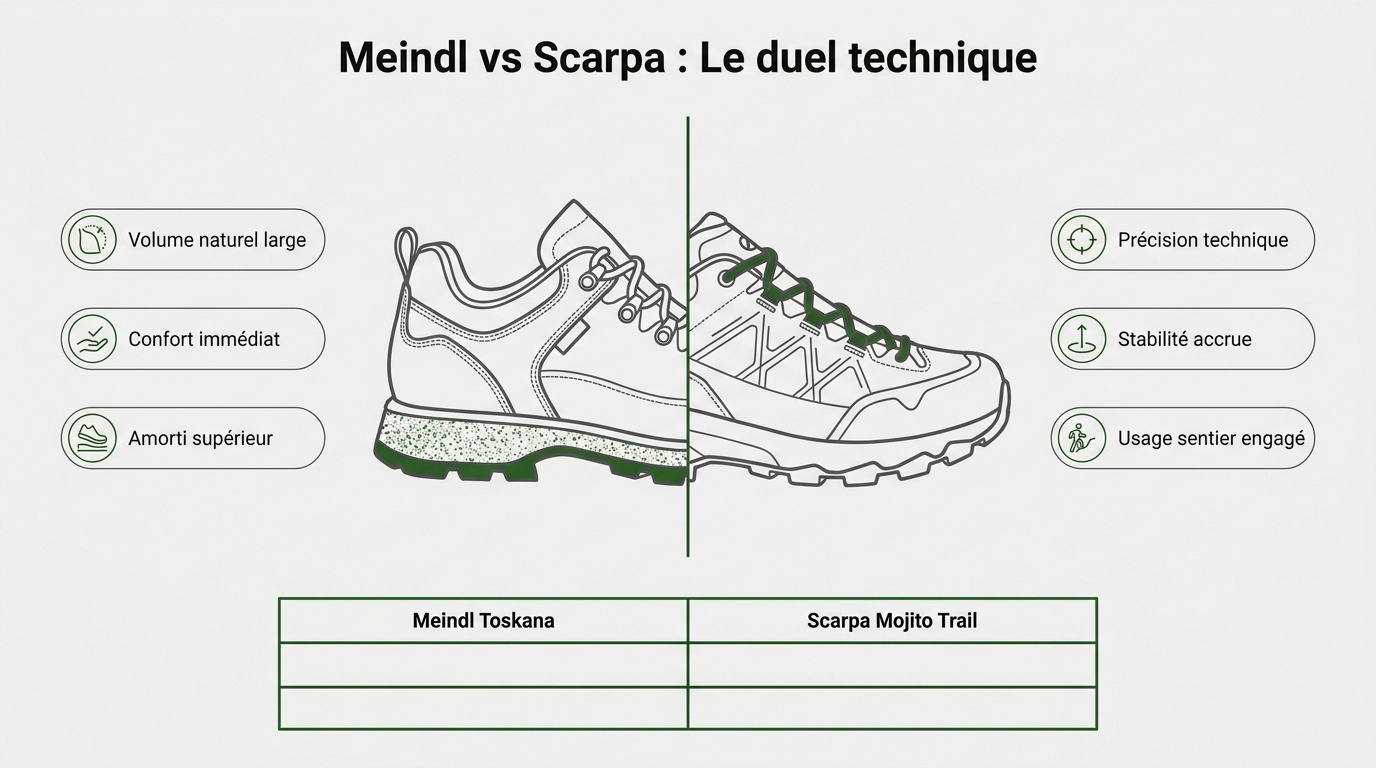 Comparaison technique entre la chaussure Meindl Toskana et la Scarpa Mojito Trail pour pieds larges