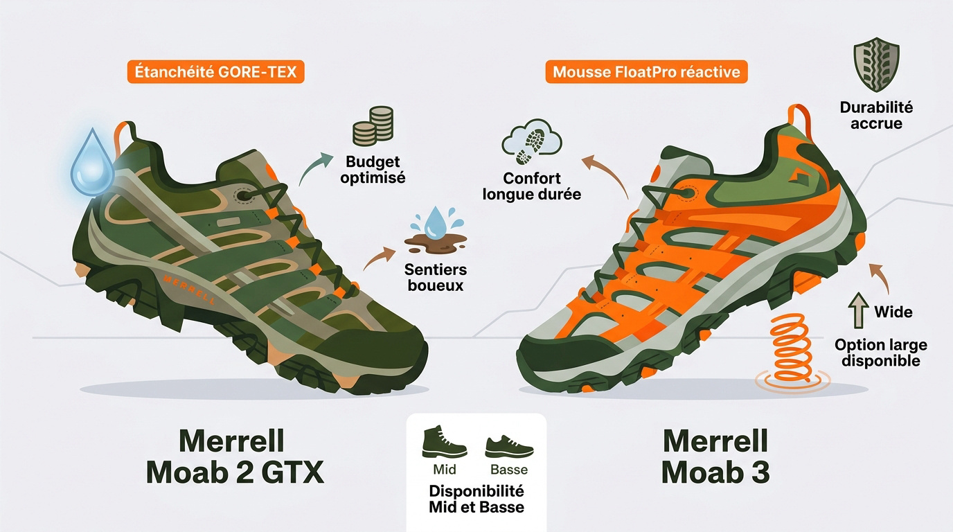 Comparatif Merrell Moab 2 GTX vs Moab 3 pour pieds larges