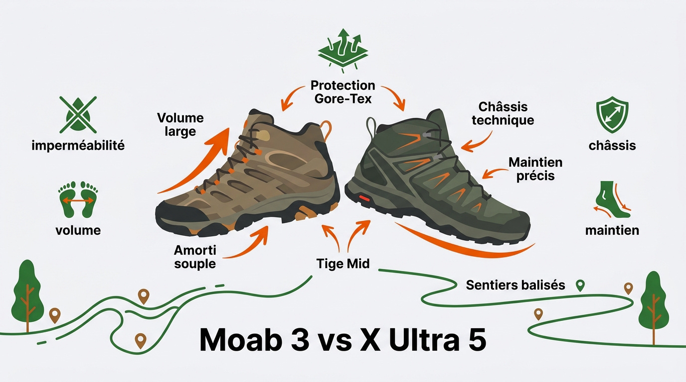 Comparaison visuelle entre la chaussure Merrell Moab 3 et la Salomon X Ultra 5