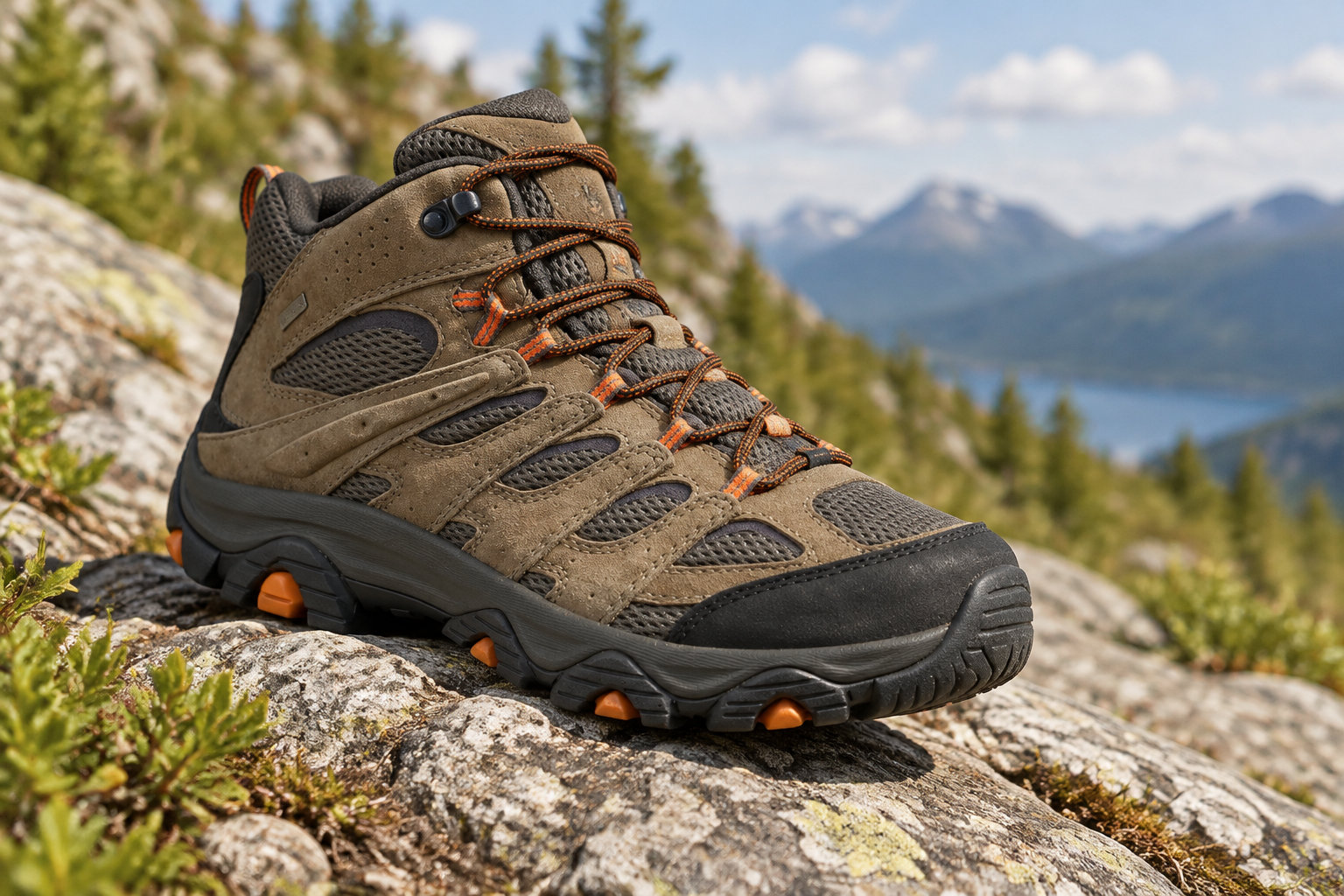 Une chaussure de randonnée brune à lacets orange est posée sur un rocher, avec des arbres et des montagnes en arrière-plan.