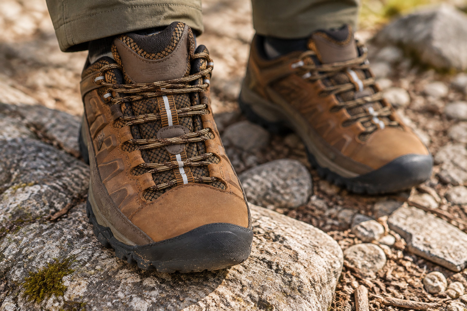 Une personne portant un pantalon kaki avance sur un terrain rocheux avec des chaussures de randonnée brunes.