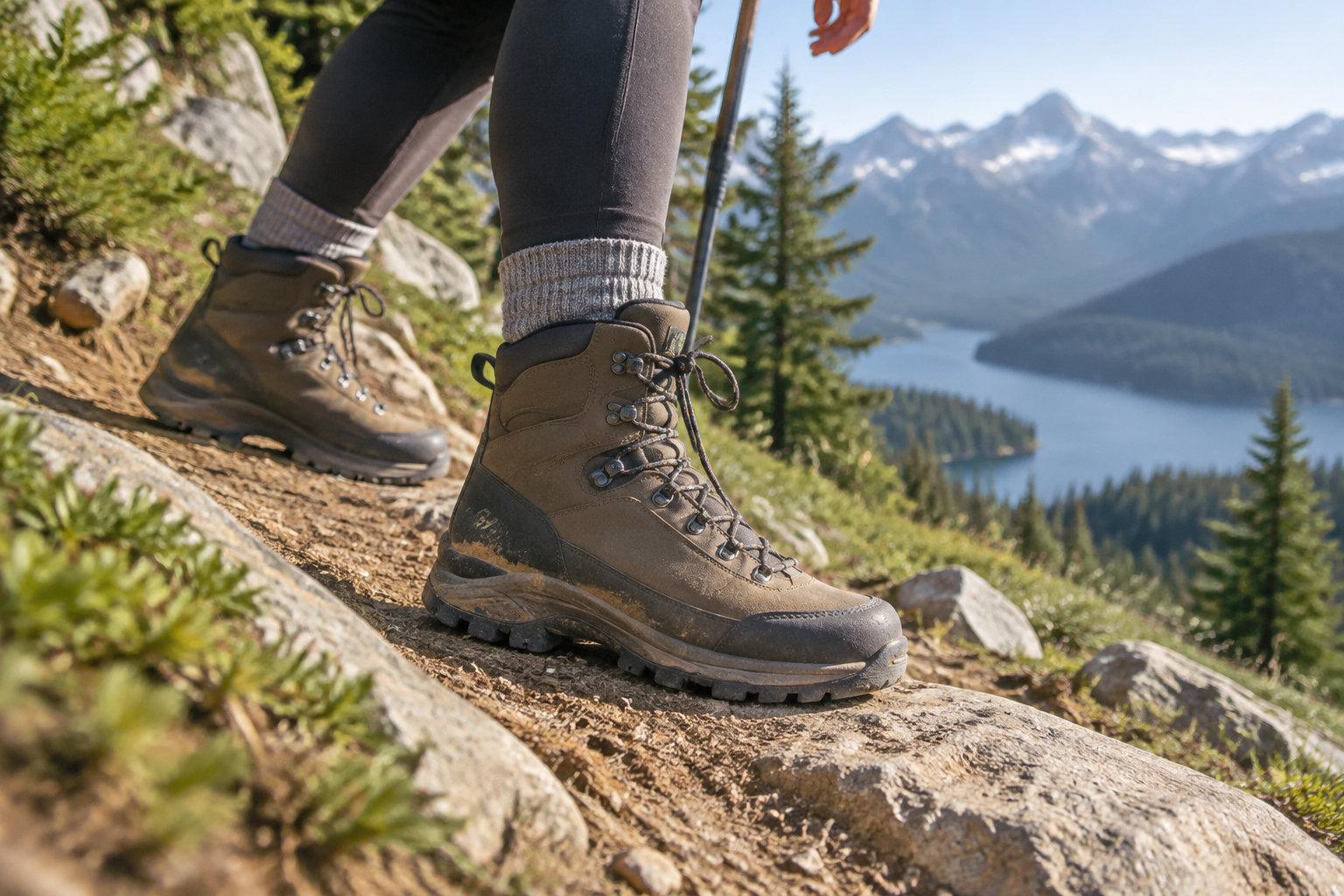 Des chaussures de randonnée avancent sur un sentier rocheux, avec un lac et des montagnes en arrière-plan.